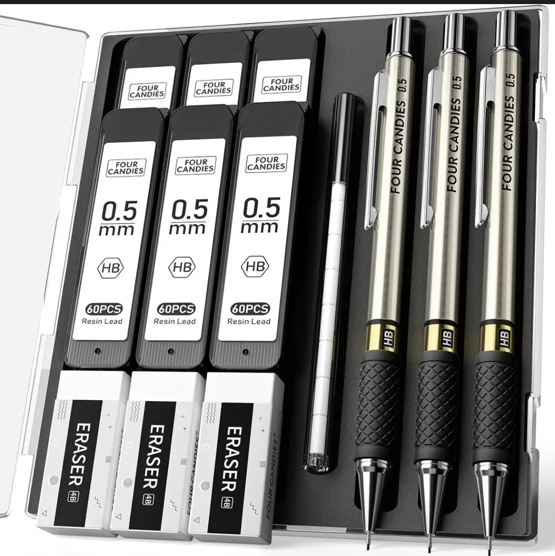 Metalowe ołówki automatyczne Four Candies 0,5 mm z 360 wkładami HB, 3 sztuki + gumki i etui