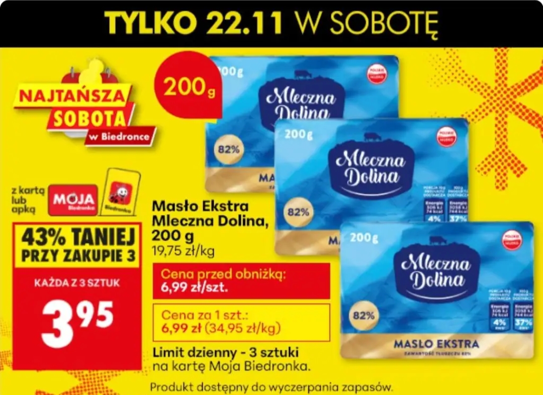 Masło Ekstra Mleczna Dolina, 200 g 82% - cena za szt. przy zakupie 3 sztuk @Biedronka