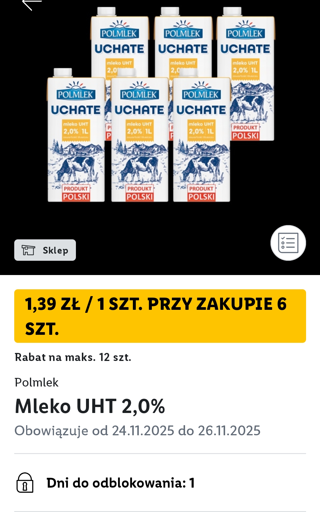 Mleko Uchate 2.0 % 1 L taniej przy zakupie 6 sztuk @Lidl