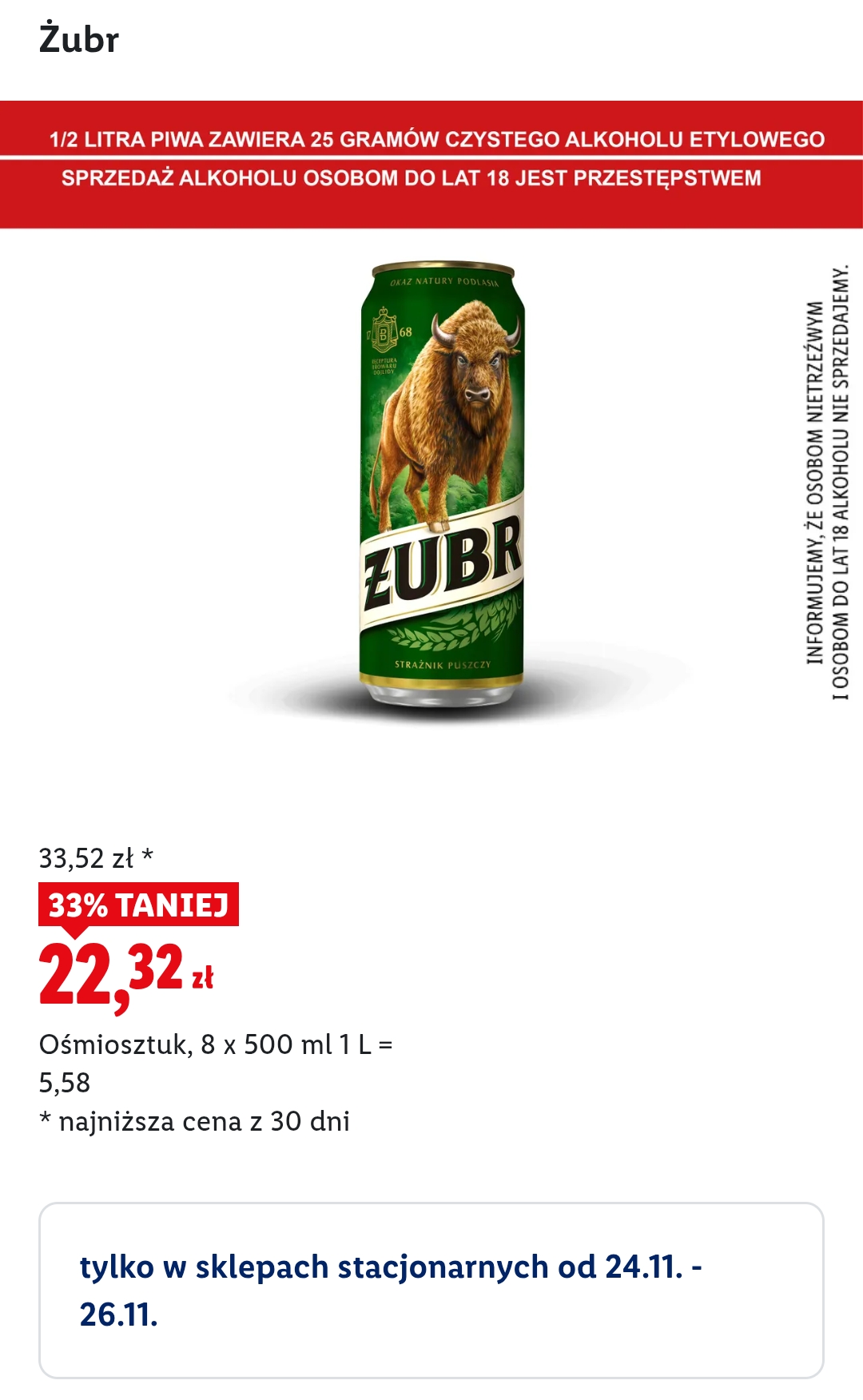 Piwo żubr 500 ml 8 sztuk 33% taniej @Lidl