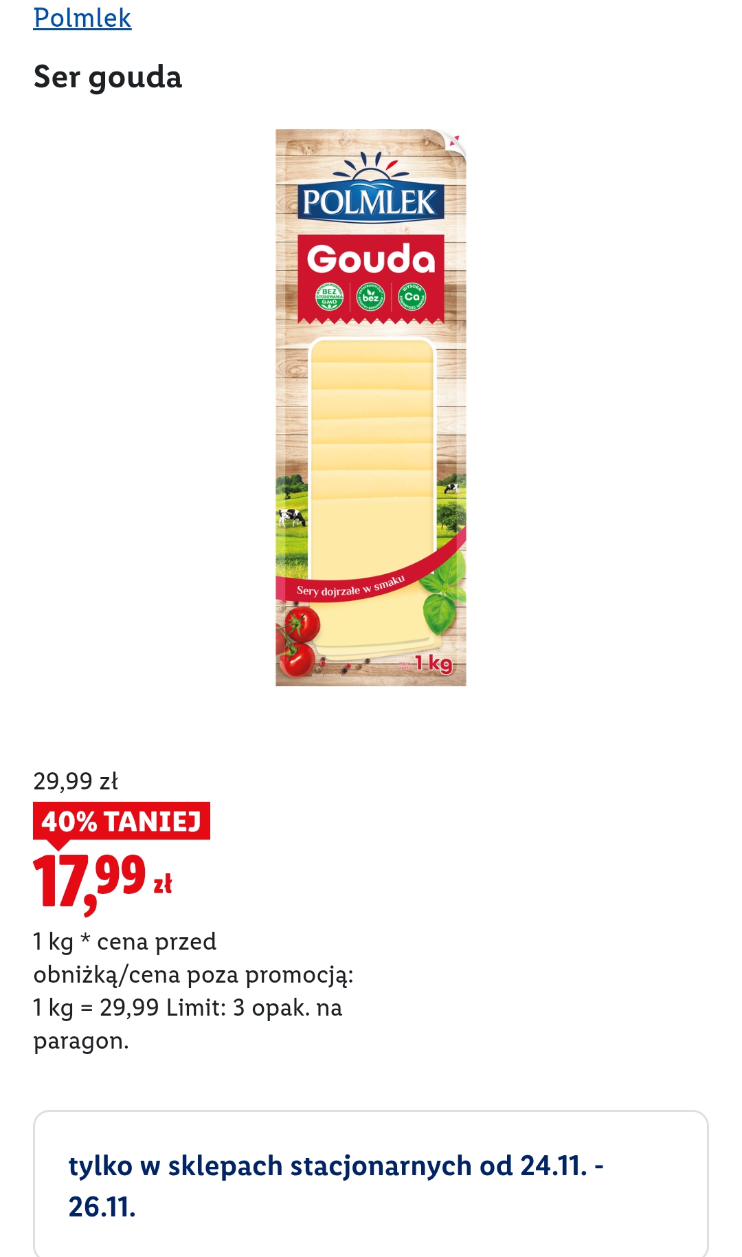 Ser w plastrach Gouda Polmlek 1 kg 40% taniej @Lidl