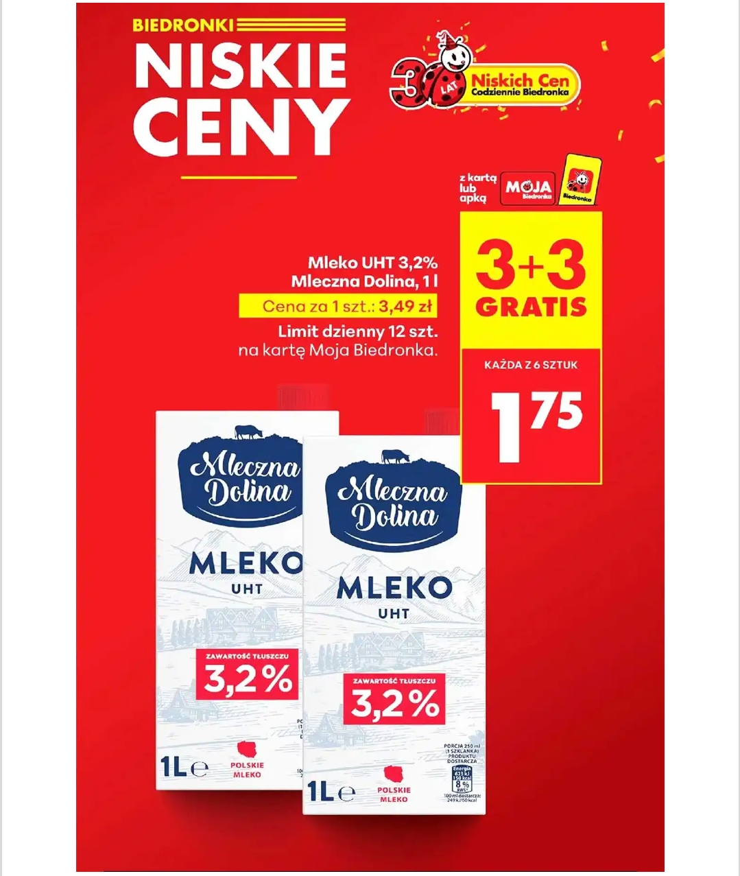 Mleko UHT 3.2% 1L Mleczna Dolina 3+3 Gratis @Biedronka