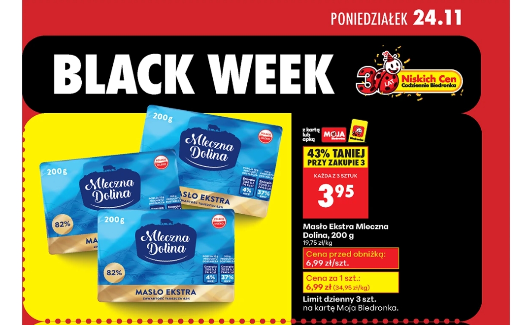 Masło Ekstra Mleczna Dolina, 200 g 82% - cena za szt. przy zakupie 3 sztuk @Biedronka