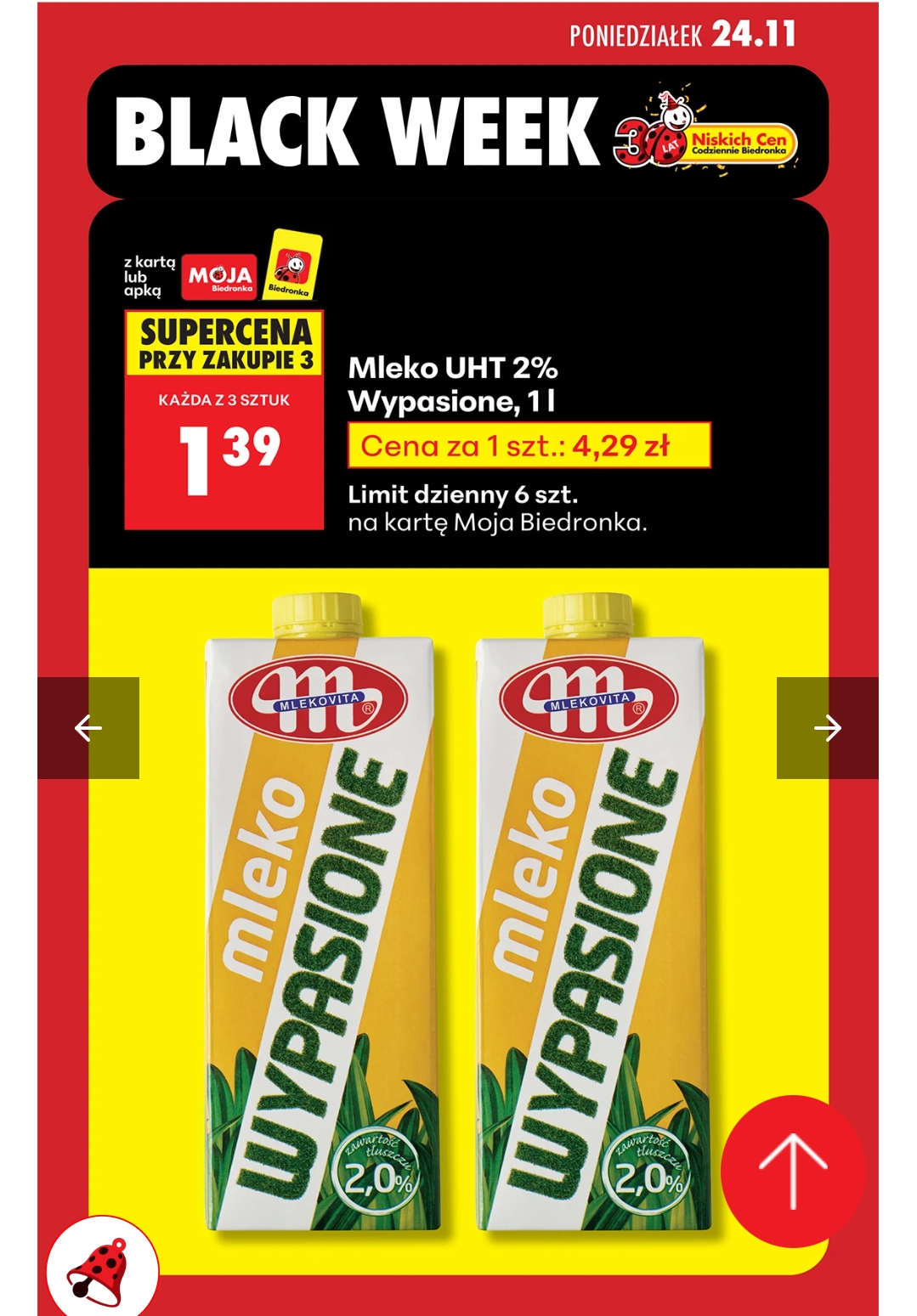Mleko UHT 2.0% Wypasione 1L taniej przy zakupie 3 sztuk @Biedronka