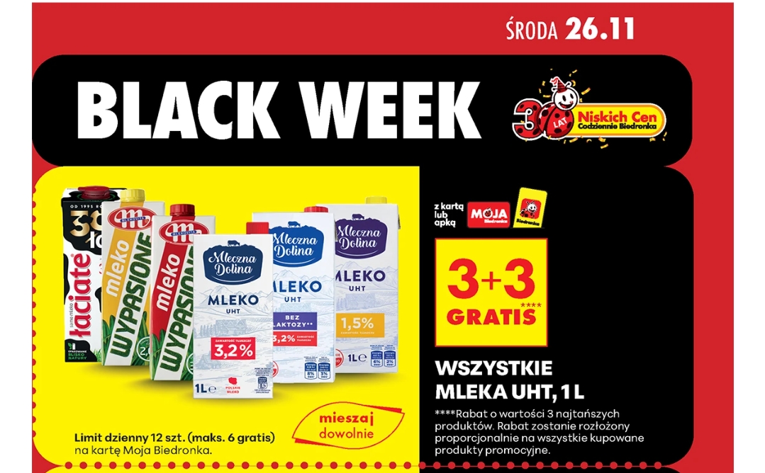 Wszystkie mleka UHT 1L 3+3 Gratis @Biedronka