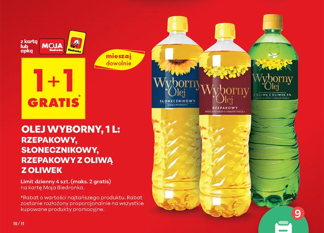 OLEJ WYBORNY, 1 L: RZEPAKOWY, SŁONECZNIKOWY, RZEPAKOWY Z OLIWĄ Z OLIWEK 1+1 Gratis @Biedronka