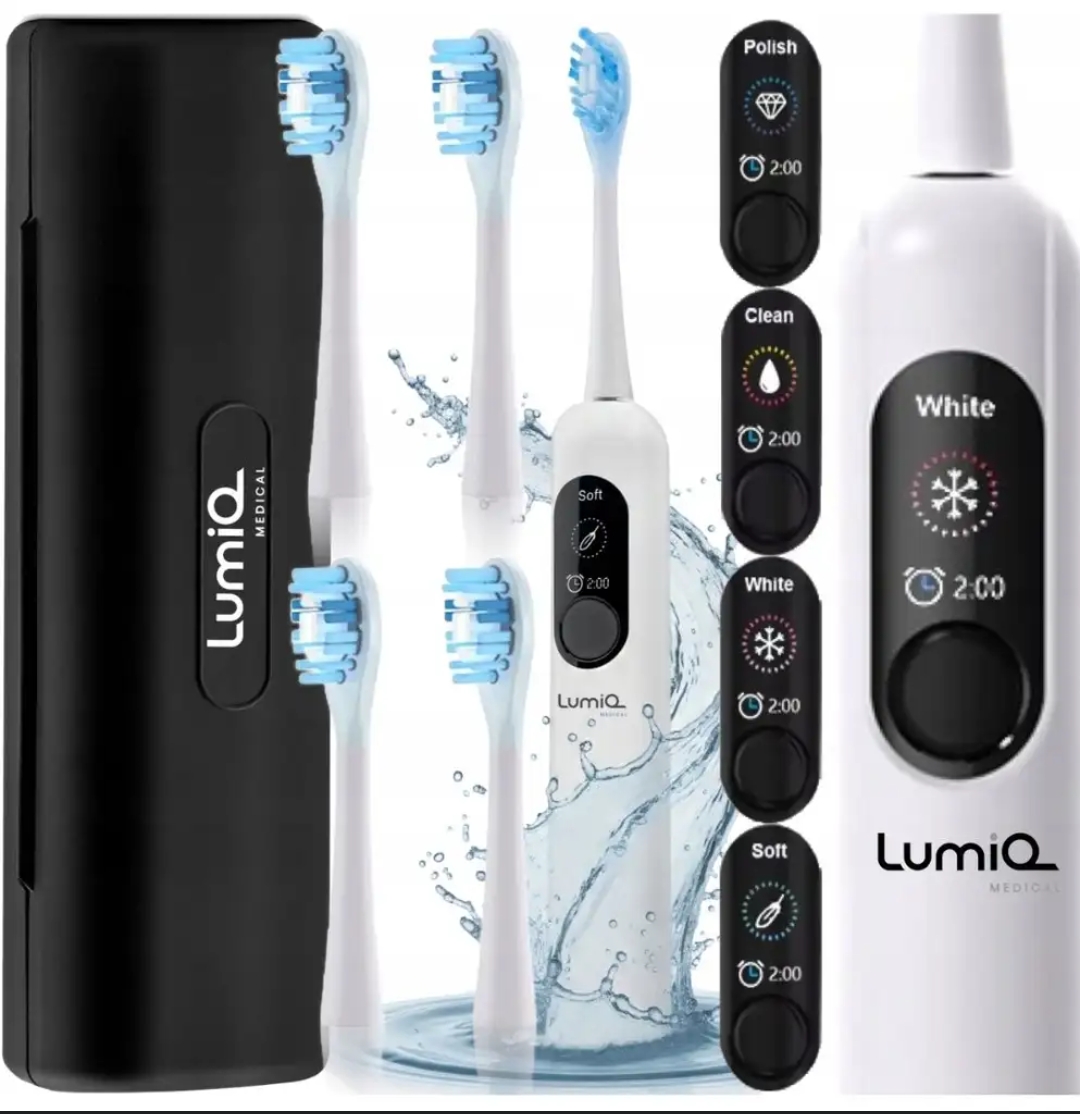 Szczoteczka soniczna do zębów LumiQ Medical X800, wyświetlacz, 4 tryby (w tym wybielający), etui i 4 główki w zapasie