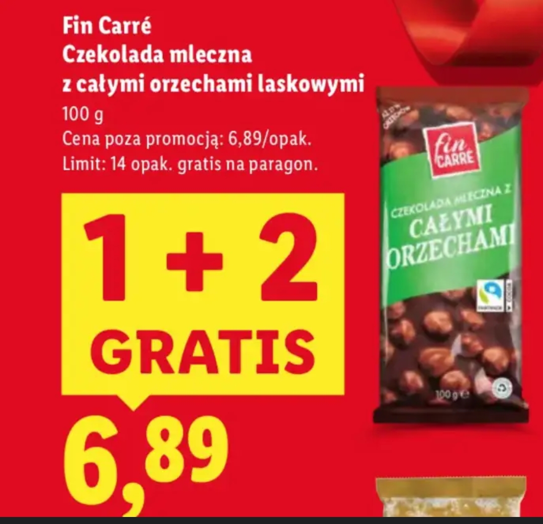 Czekolada mleczna z całymi orzechami laskowymi Fin Carre 100g 1+2 gratis @Lidl
