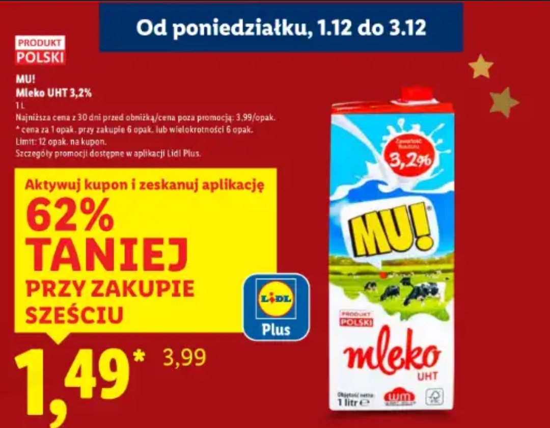 Mleko Mu! 3,2% 1.49zł/szt przy zakupie 6 - Lidl
