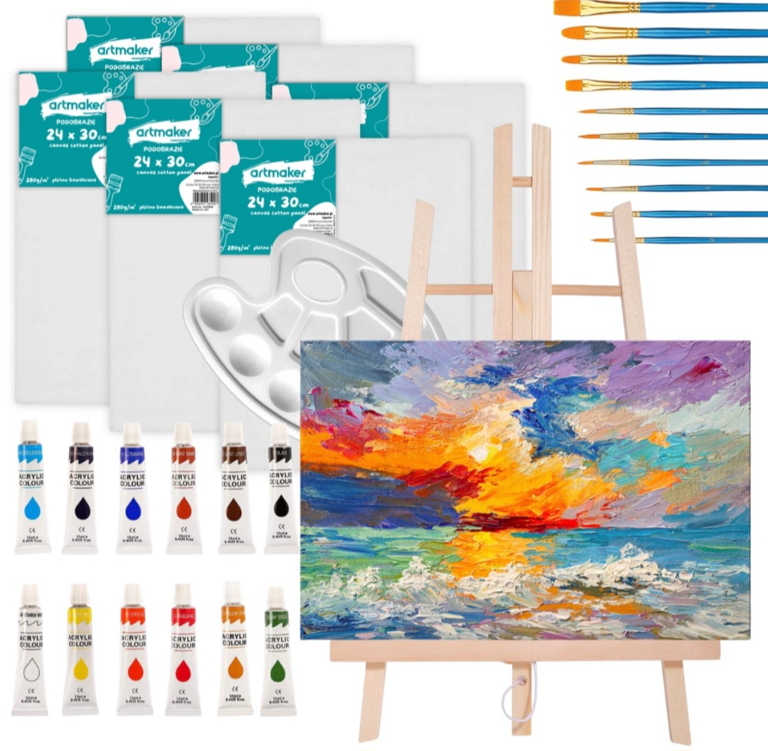 Zestaw artystyczny, malarski - sztaluga, płótna, farby, pędzle, paletka