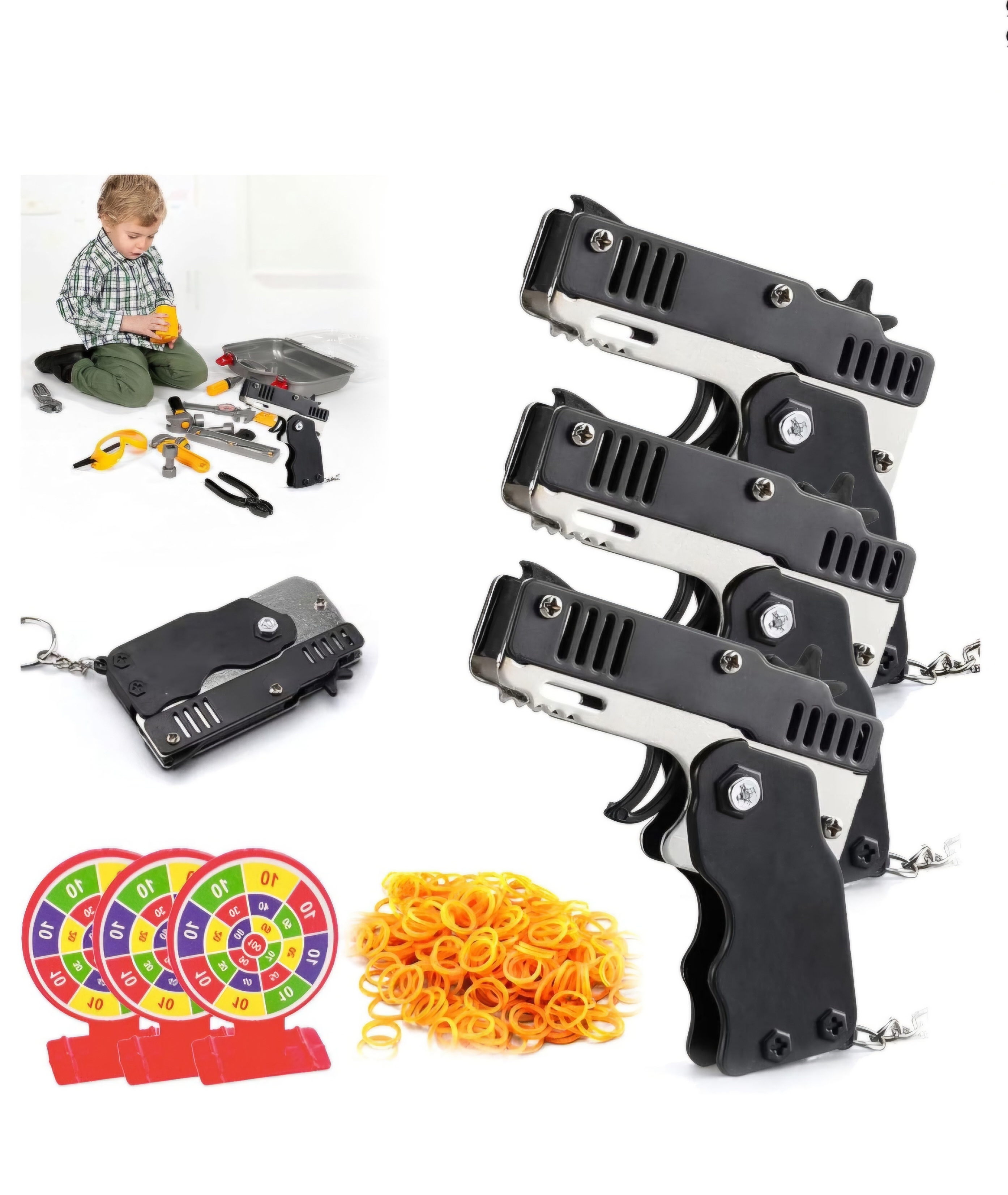 Pistolet ba gumki :) 3szt w zestawie + gumki i tarcze :)