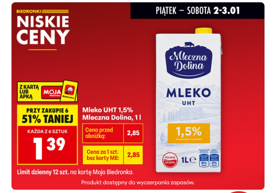 Mleko UHT 1.5 % 1 L taniej przy zakupie 6 @ Biedronka