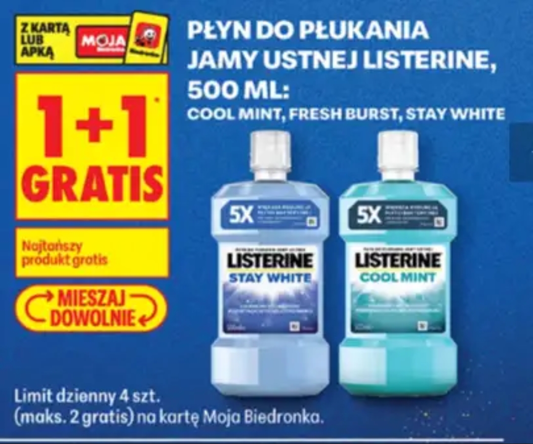 Płyn do płukania ust Listerine 500ml 1+1 gratis @Biedronka