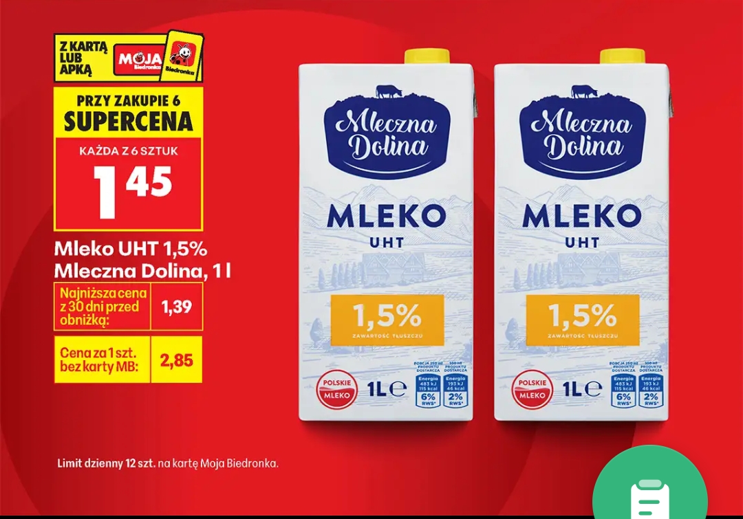 Mleko UHT 1.5 % 1 L taniej przy zakupie 6 @ Biedronka
