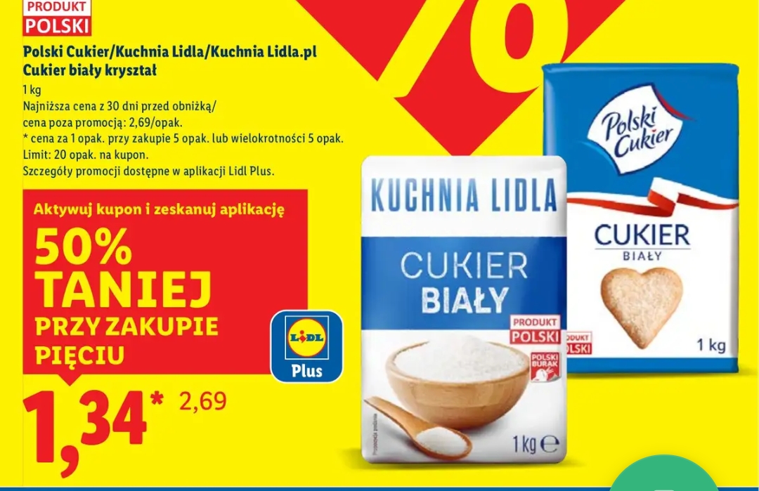 Polski Cukier biały 1 kg taniej przy zakupie 5 sztuk@Lidl