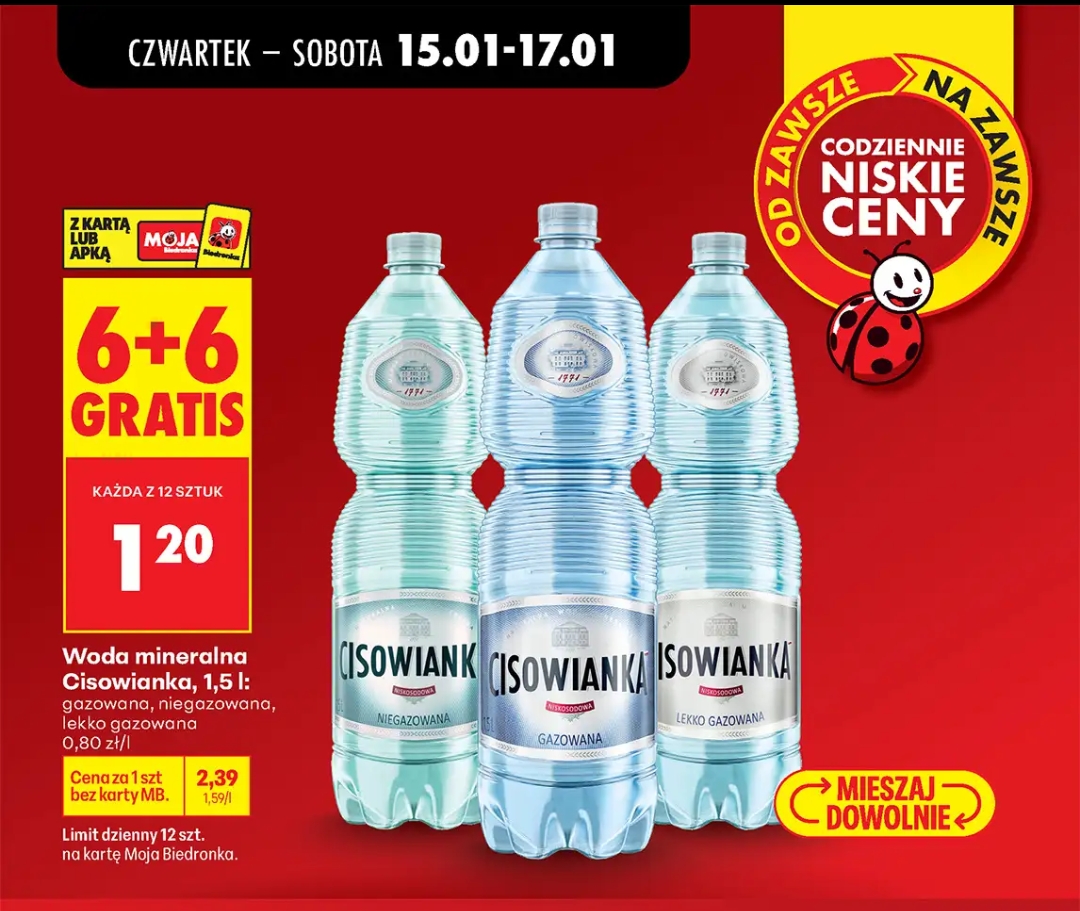 Woda mineralna Cisowianka 1.5 L Różne Rodzaje 6+6 Gratis @Biedronka