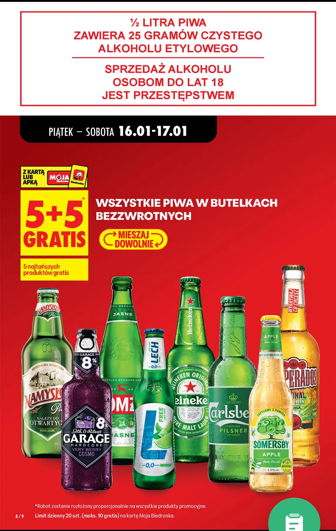 Wszystkie piwa w butelkach bezzwrotnych 5+5 Gratis @Biedronka