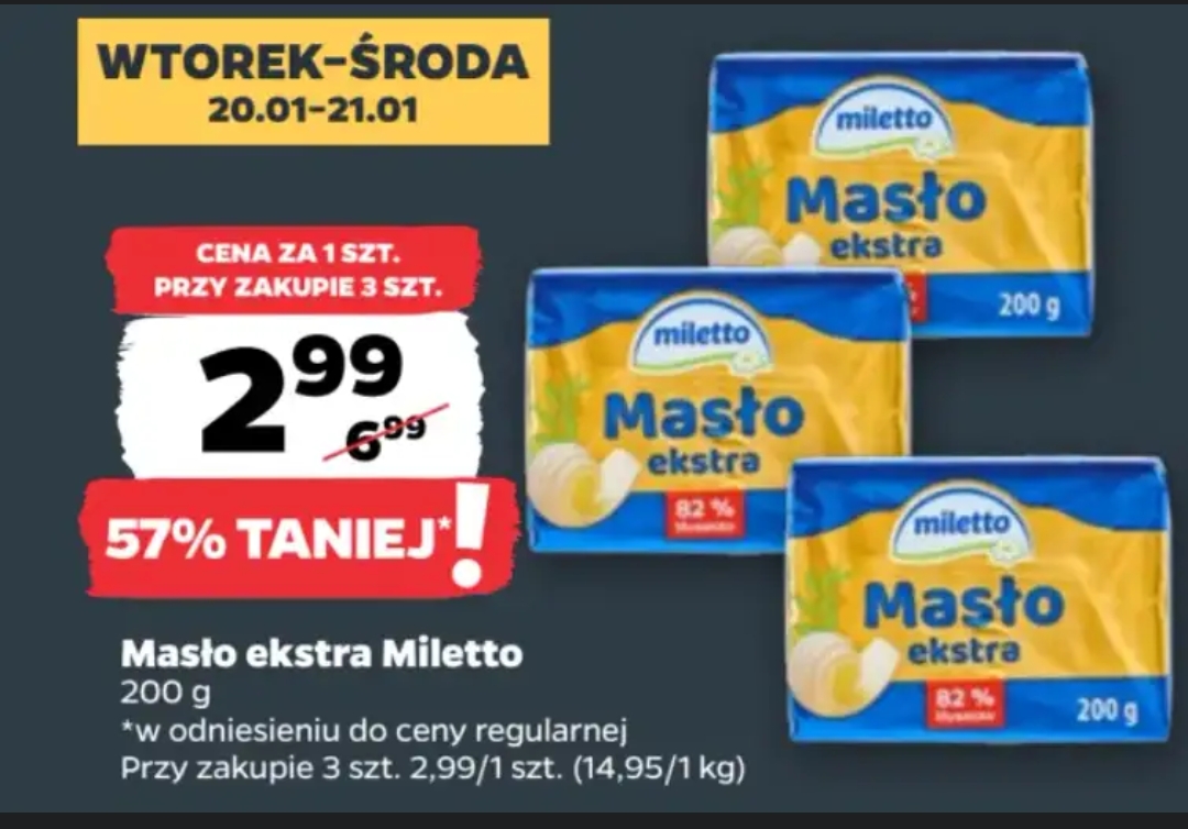 Masło ekstra Miletto 200g (cena 1 sztuki przy zakupie 3) @Netto