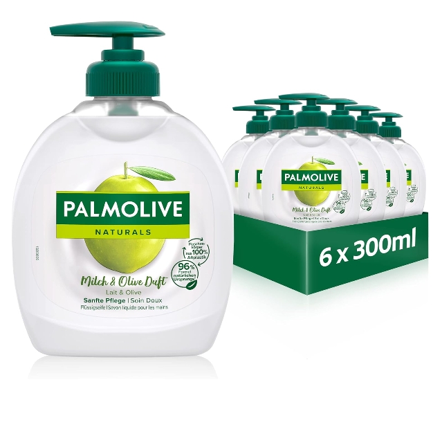 Palmolive Mydło w płynie z pompką – mleko i oliwka – 6 sztuk w opakowaniu (6 x 300 ml)