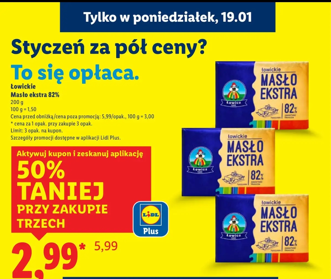 Masło Extra Łowickie 82% 200g taniej przy zakupie trzech sztuk @Lidl