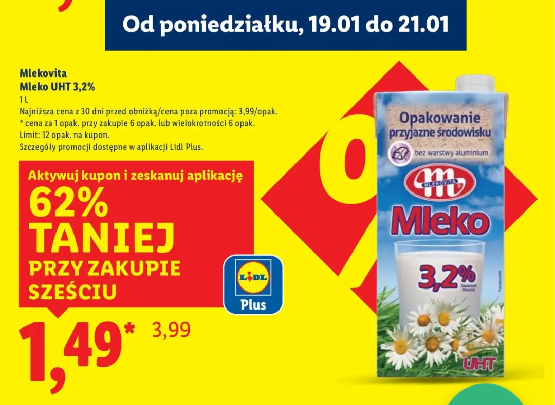Mleko UHT 3.2% Mlekovita 1 l taniej przy zakupie 6 sztuk @Lidl