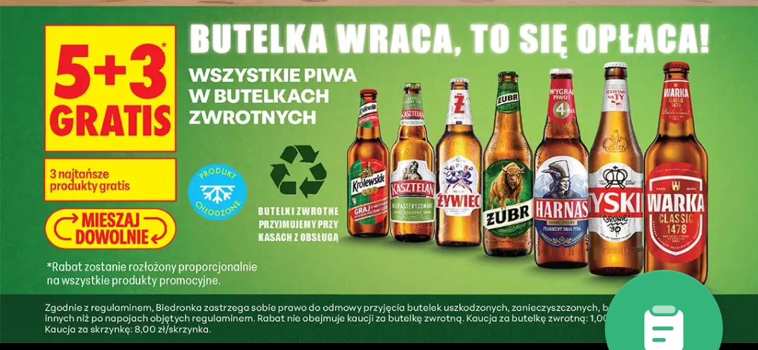 Wszystkie piwa w butelkach zwrotnych 5+3 Gratis @Biedronka