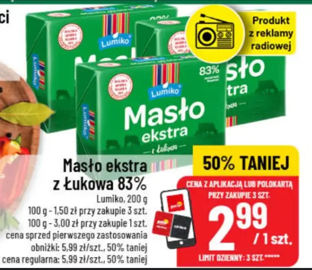 Masło ekstra 83% z Łukowa, cena 1 kostki przy zakupie 3 @Polomarket