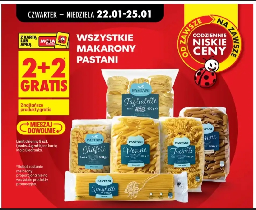 Wszystkie makarony pastani 2+2 biedronka