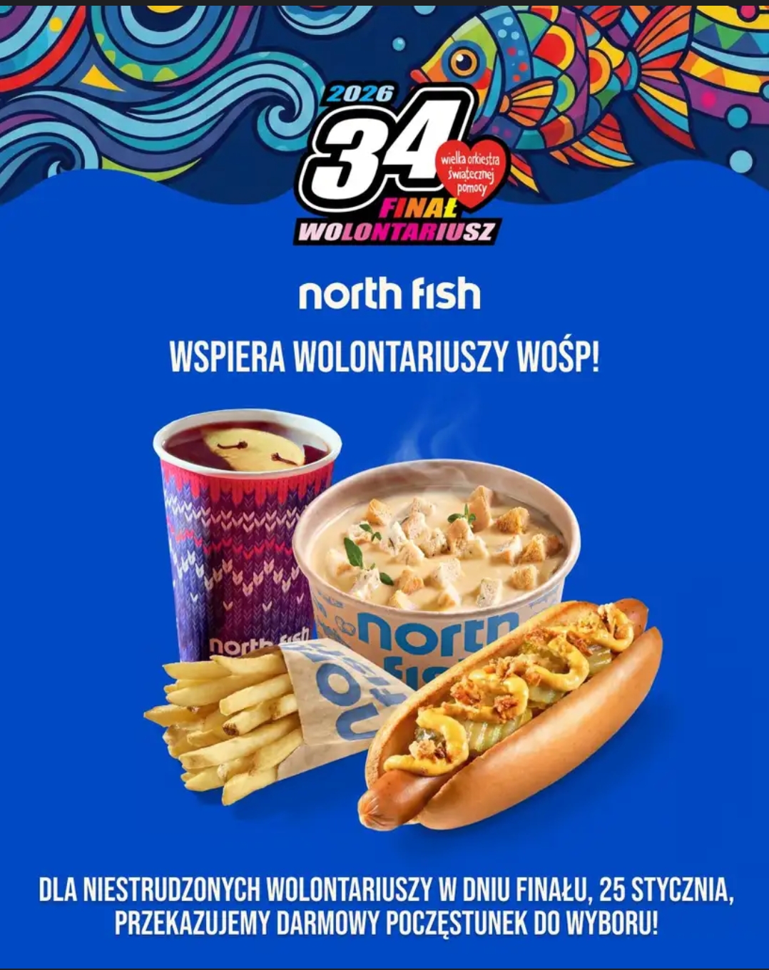 Darmowy poczęstunek w North Fish dla wolontariuszy w dniu finału 25 Wielkiej Orkiestry Świątecznej Pomocy (WOŚP)