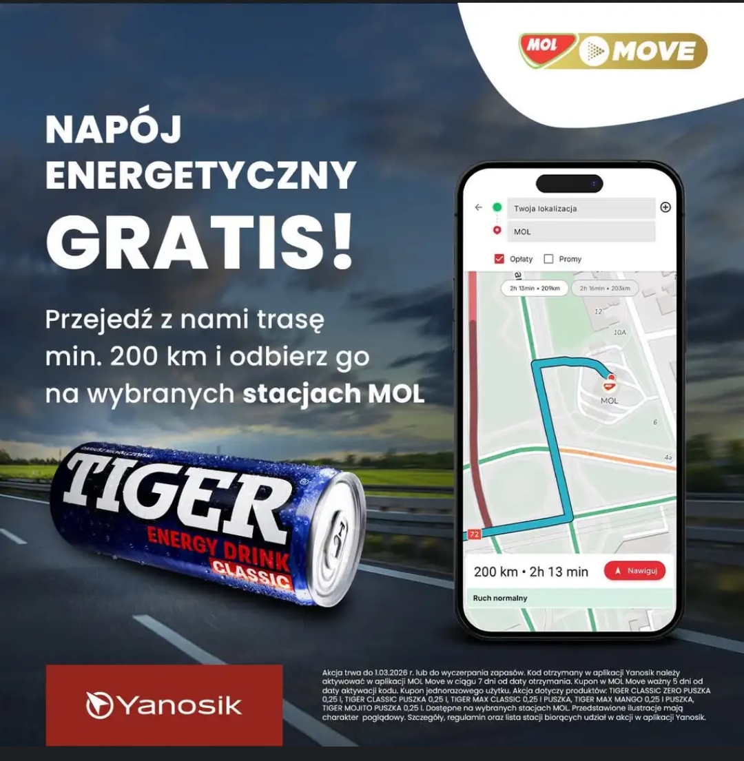 Darmowy napój Tiger na stacji MOL od Yanosika