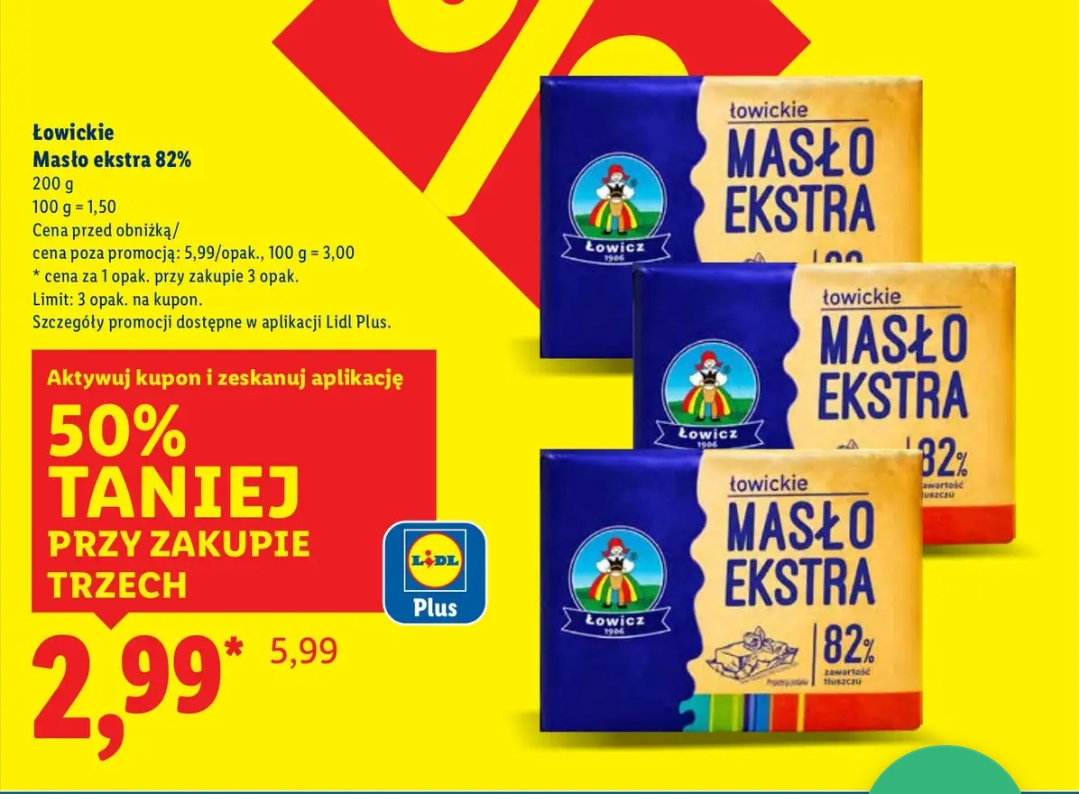 Masło Extra Łowickie 82% 200g taniej przy zakupie trzech sztuk @Lidl