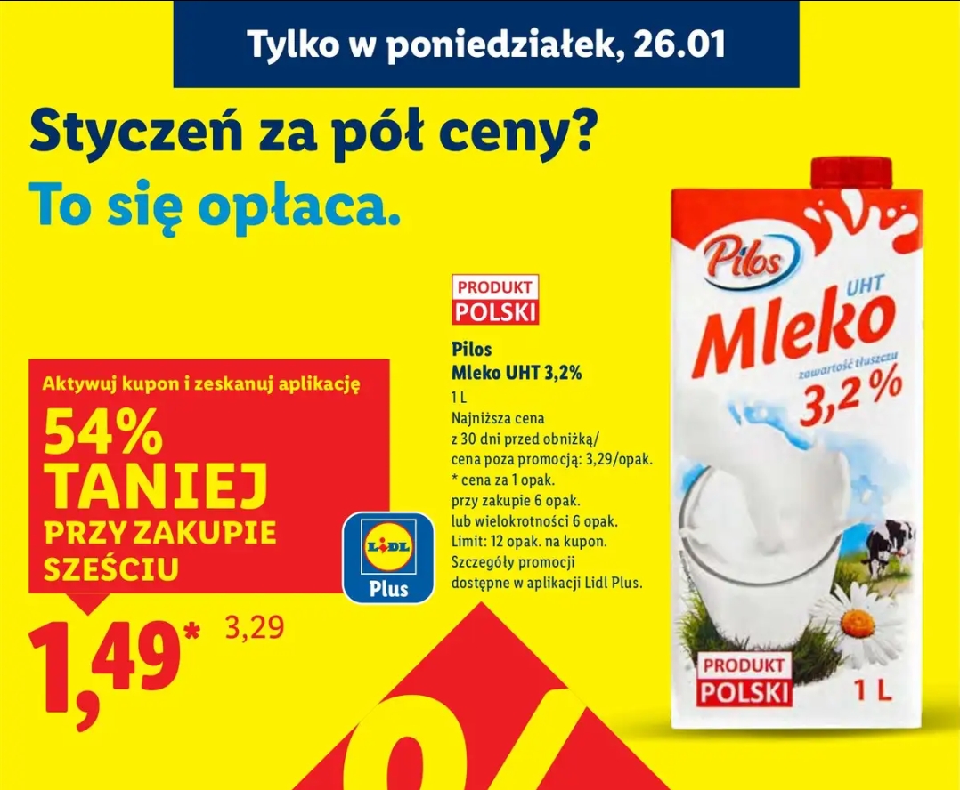 Pilos Mleko UHT 3,2% 1L (przy zakupie 6) @Lidl