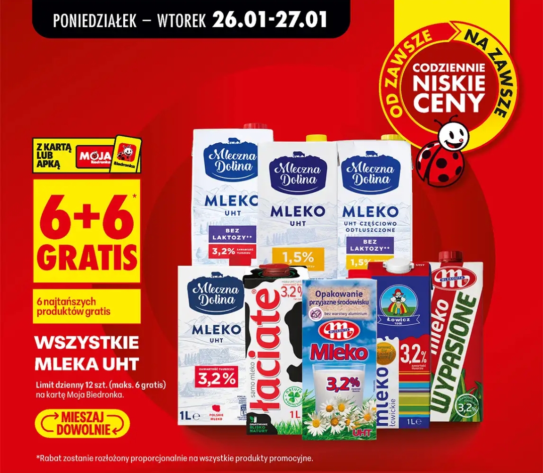 Wszystkie mleka UHT 6+6 Gratis @Biedronka
