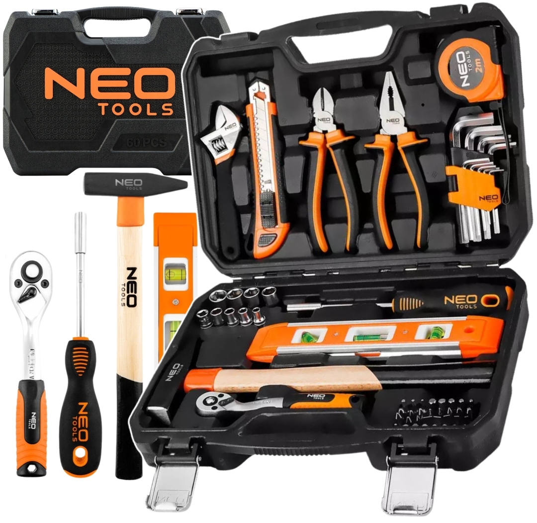 Zestaw Narzędzi Uniwersalny 60 el. Klucze Nasadowe Bity Młotek Walizka NEO