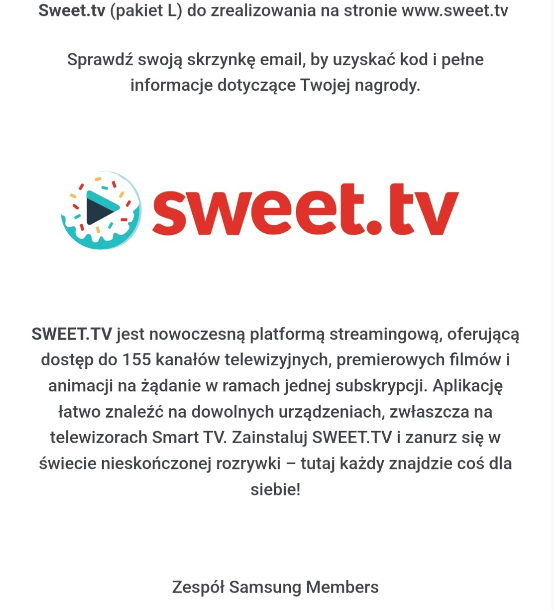 Sweet.tv - 30 dni w Samsung Members za darmo ( Pakiet L )