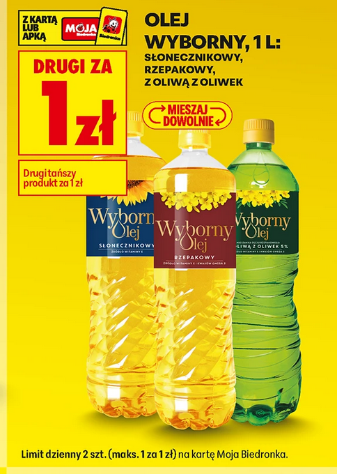 Olej słonecznikowy, rzepakowy, z oliwą z oliwek Wyborny, 1 L (drugi za 1 PLN)