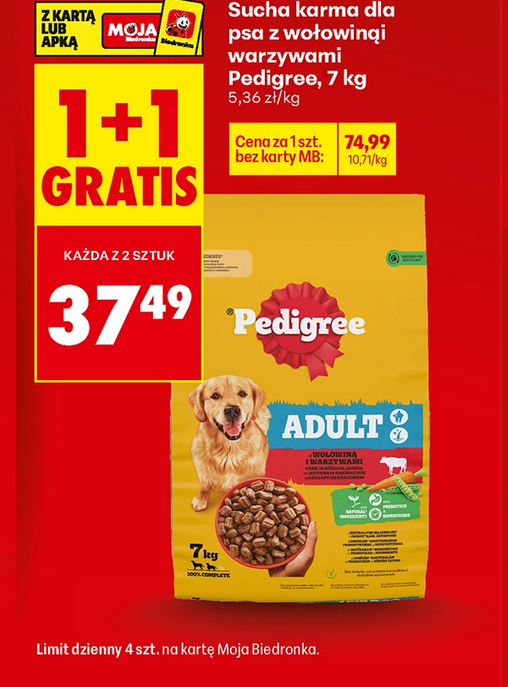 Sucha karma dla psa z wołowiną i warzywami Pedigree, 7 KG (1+1 GRATIS)
