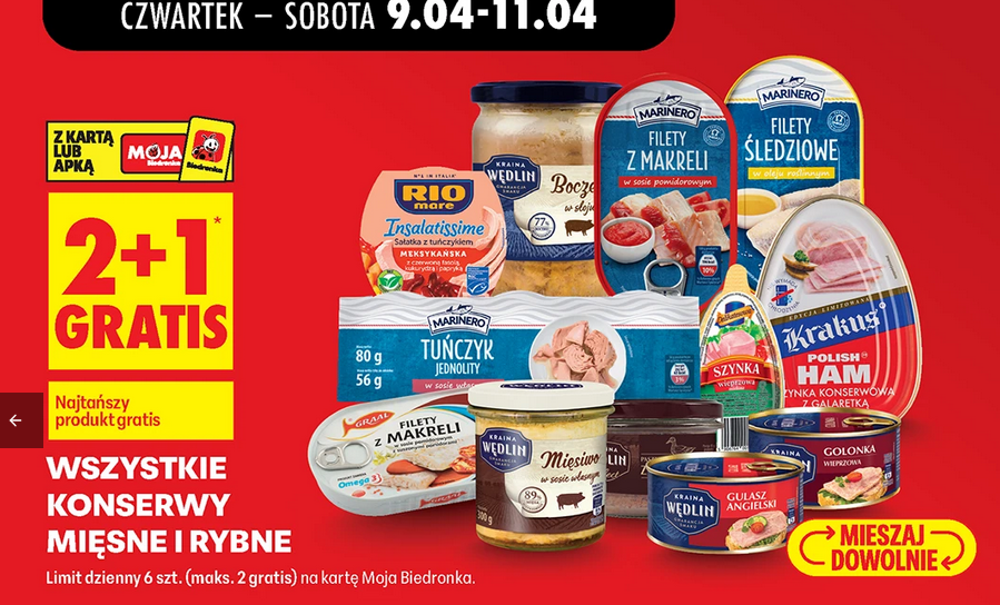 Wszystkie konserwy mięsne i rybne (2+1 GRATIS)