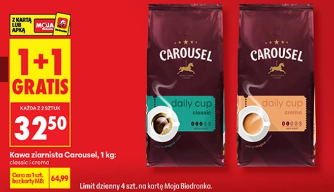 Kawa ziarnista Carousel, 1 KG, clasic i croma  (1+1 GRATiS)