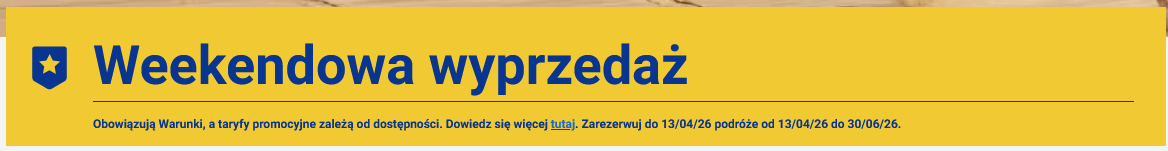 Weekendowa wyprzedaż w RYANAIR  (loty już od 63,57 PLN)