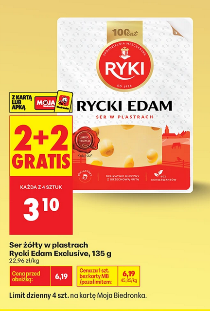 Ser żółty w plastrach Rycki Edam Exlusive, 135g (2+2 GRATiS)