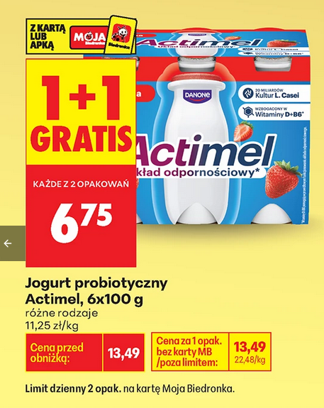 Jogurt probiotyczny Actimel, 6x100g (1+1 GRATIS)
