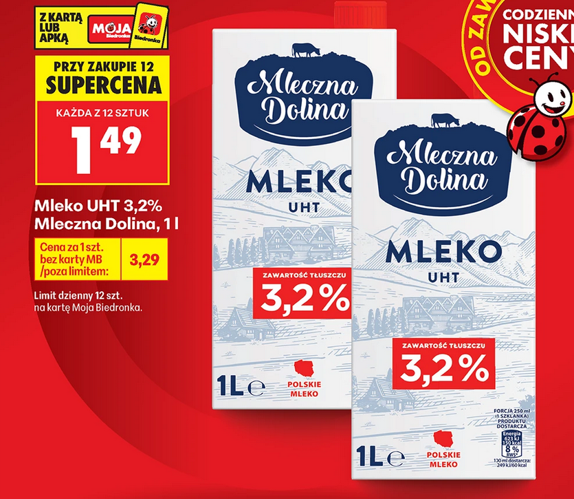Mleko UHT 3.2% Mleczna Dolina, 1L (przy zakupie 12 kartonów)
