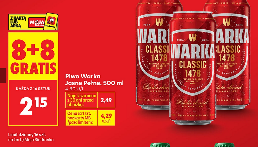 Piwo Warka Jasne Pełne, 500ml (8+8 GRATiS)