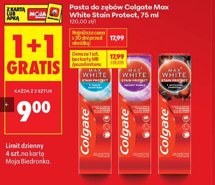Pasta do zębów Colgate Max White Stein Protect, 75ml (1+1 GRATIS)