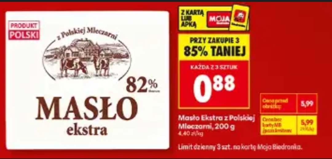 BIEDRONKA - Masło Ekstra z Polskiej Mleczarni 200 g - cena za szt. przy zakupie 3 sztuk ( Lidl - w opisie )