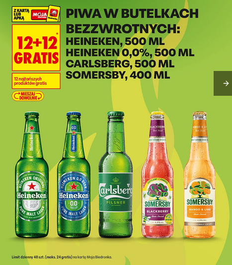 Piwa w butelkach bezzwrotnych, 500 ML (12+12 GRATIS)