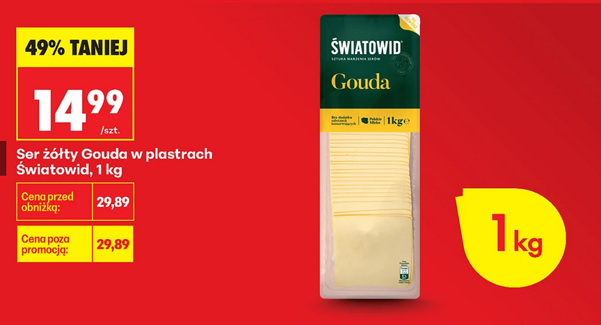 Ser żółty GOUDA w plastrach, 1 KG