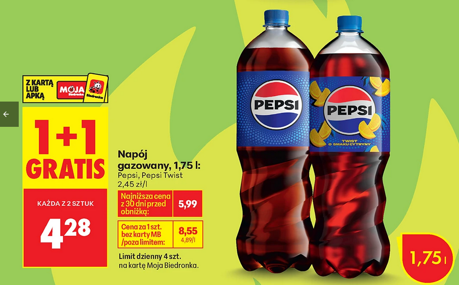 Napój gazowany Pepsi i Pepsi Twist, 1.75 L (1+1 GRATiS)