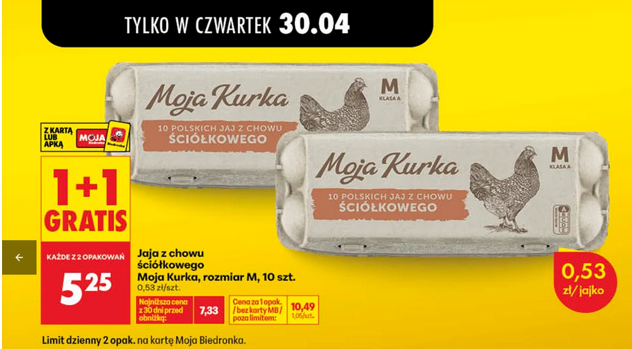 Jaja z chowu ściółkowego Moja Kurka, rozm. M, 10 szt. (1+1 GRATIS)